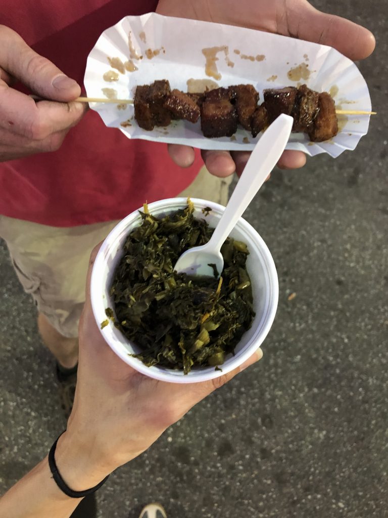 Poke pork and collard greens from Piggy Palace Bbq.